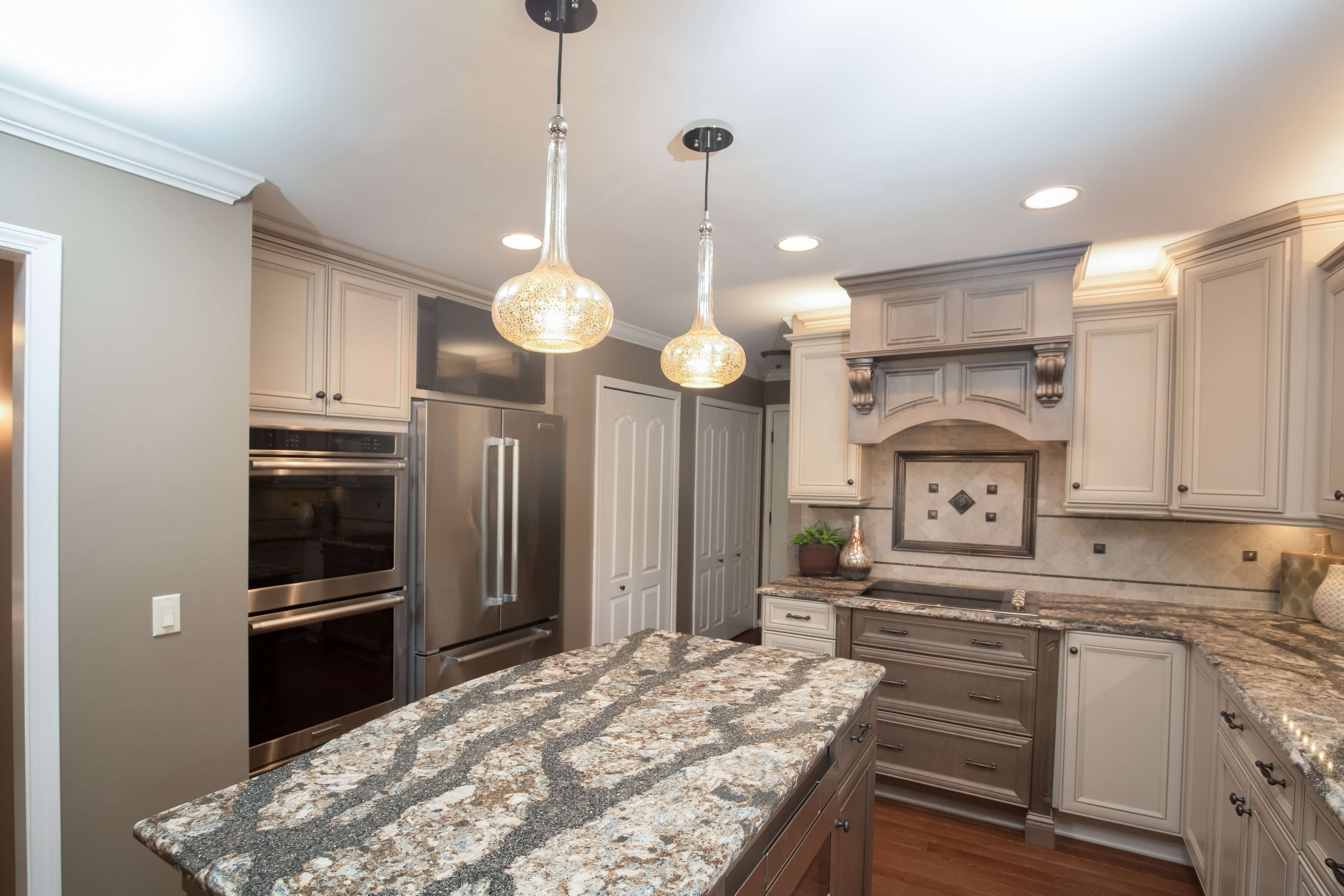 Traditional Kitchen Style White Cabinets Dark Center Island MJ Cabinet Designs